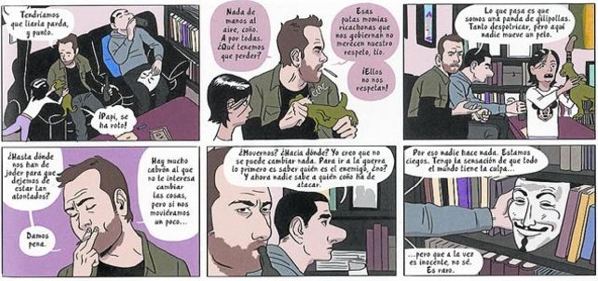 Secuencia de viñetas de 'El mundo a tus pies', donde dos amigos reflexionan sobre la actualidad.
