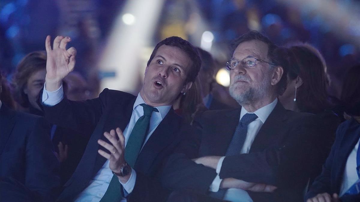 Pablo Casado y Mariano Rajoy en la Convencion Nacional del Partido Popular en Madrid