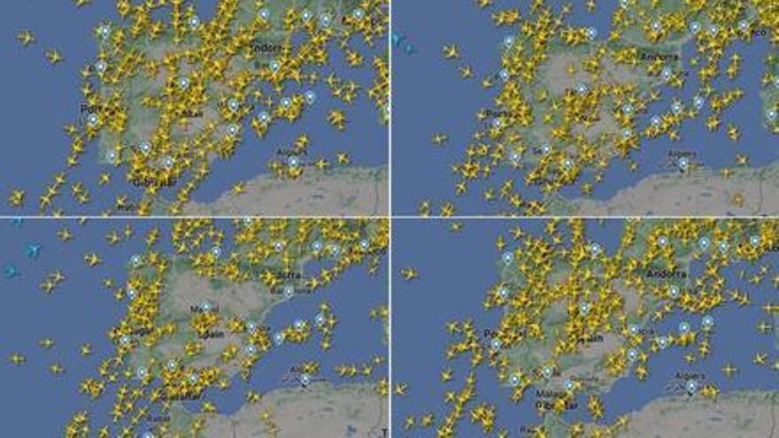 Evolución del tráfico aéreo entre las 8.20 y las 10.20 sobre la península Ibérica.