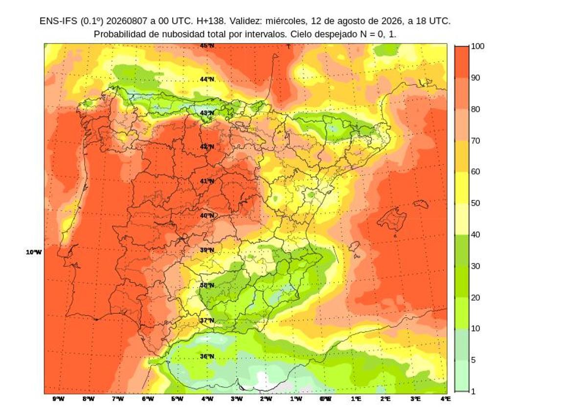 Probabilidad de nubosidad total por intervalos a las 18.00 horas del 12 de agosto.