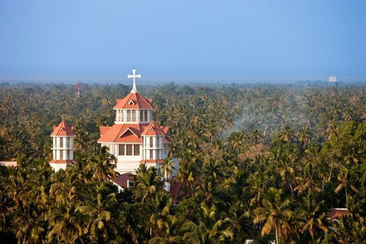Iglesia católica emergiendo entre los cocoteros de Kollam