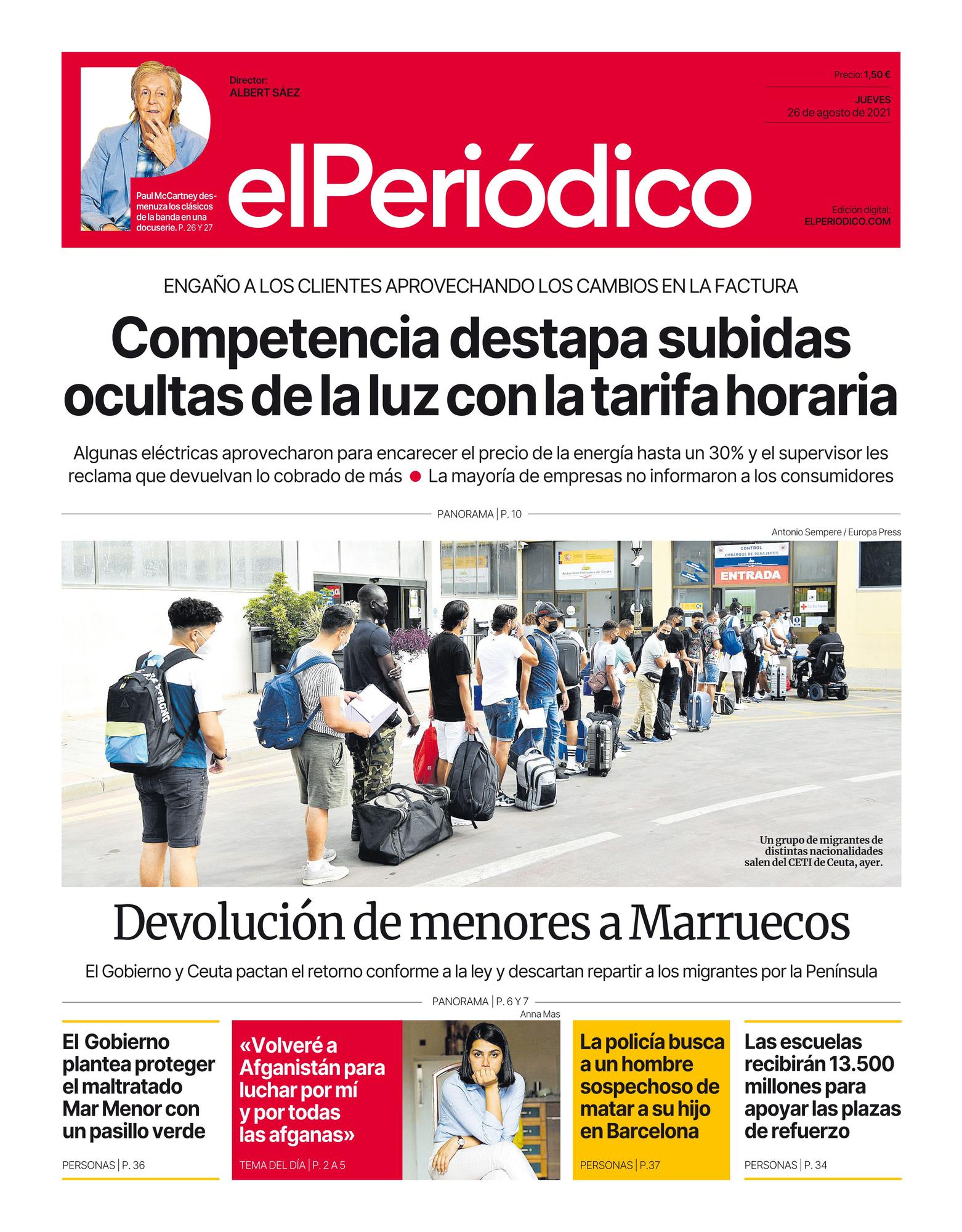 La portada de EL PERIÓDICO del 26 de agosto de 2021