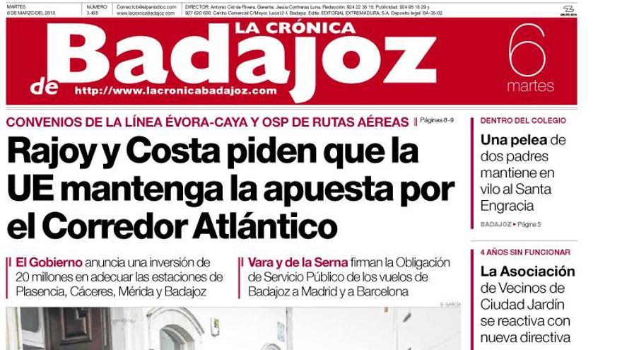 Esta es la portada de LA CRÓNICA DE BADAJOZ correspondiente al día 6 de marzo del 2018.