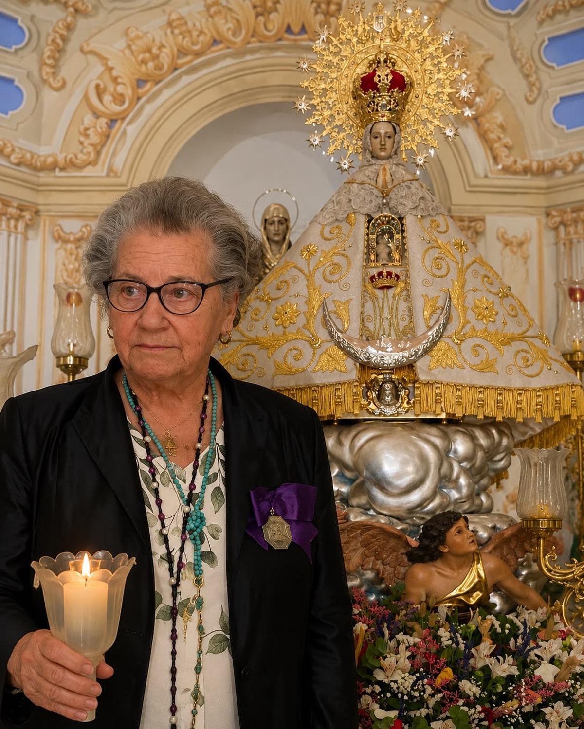 Rosa María Monferrer Trilles junto a la Virgen del Lledó y la medalla de cofrade de la Muy Ilustre Cofradía de la Sangre de Castelló.