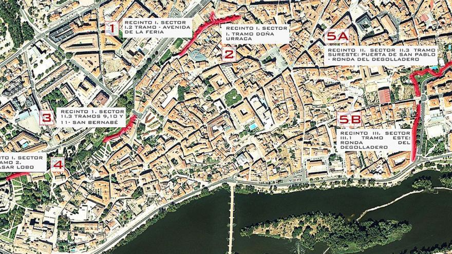 Plano del proyecto para la restauración de cinco tramos de la muralla.
