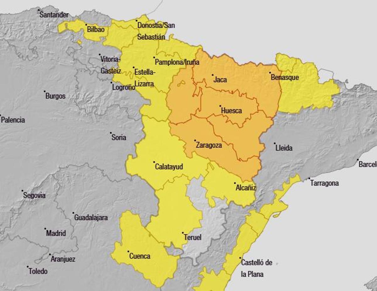 Mapa de alertas de tormentas y lluvias en Aragón
