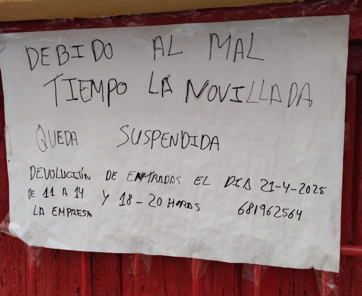 Cartel de la suspensión del festejo de Cabra.
