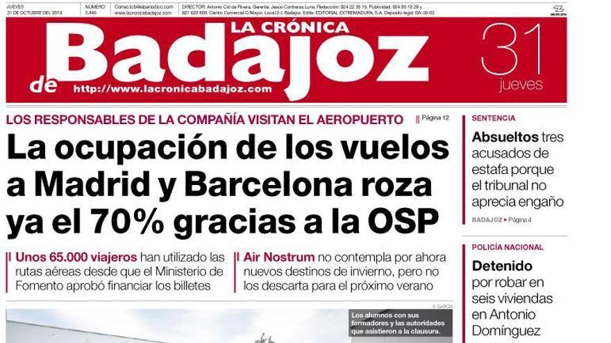 Esta es la portada de LA CRÓNICA DE BADAJOZ correspondiente al día 31 de octubre del 2019