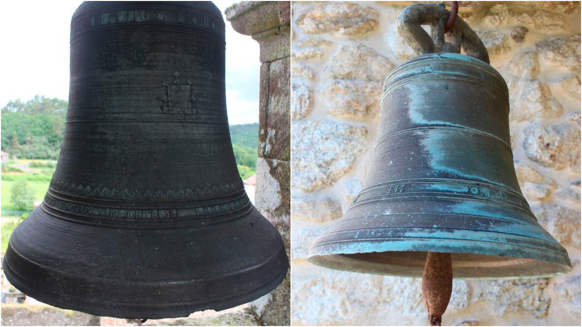 A la izquierda, campana fundida en Orazo por Juan de la Vega en 1808. A la derecha, campana desaparecida en la capilla de San Roque, en Codeseda. Cedidas