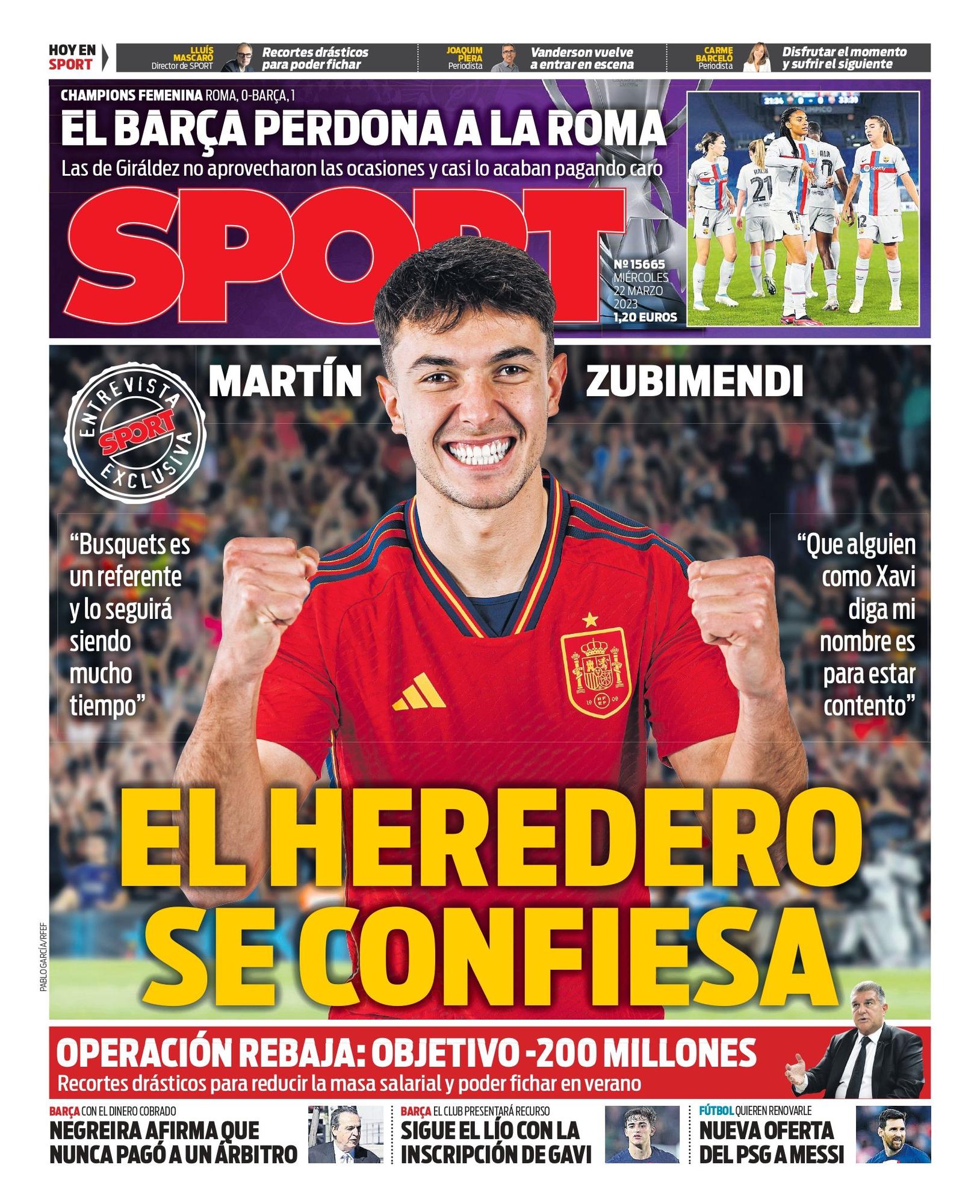 La portada de SPORT del miércoles 22 de marzo del 2023