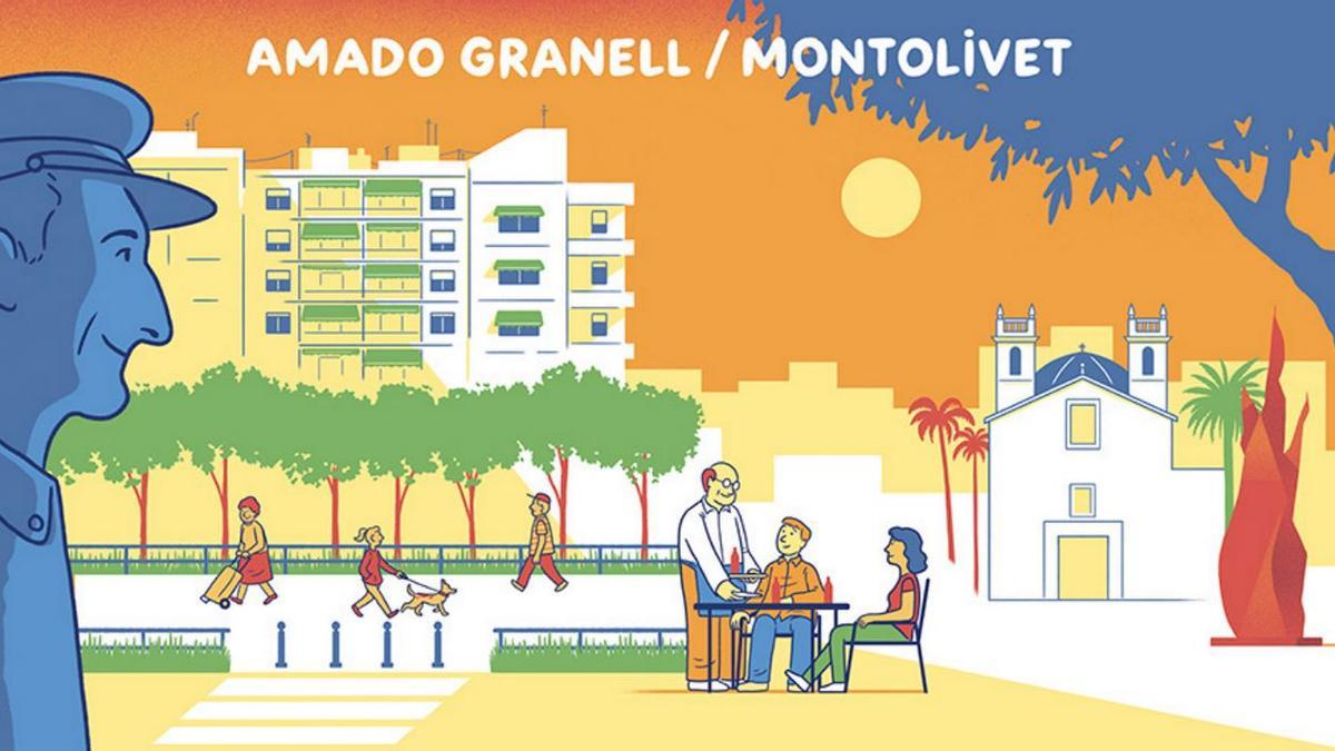 Ilustración del artista Pau Valls de la parada Amado Granell-Montolivet de la línea 10 de Metrovalencia.