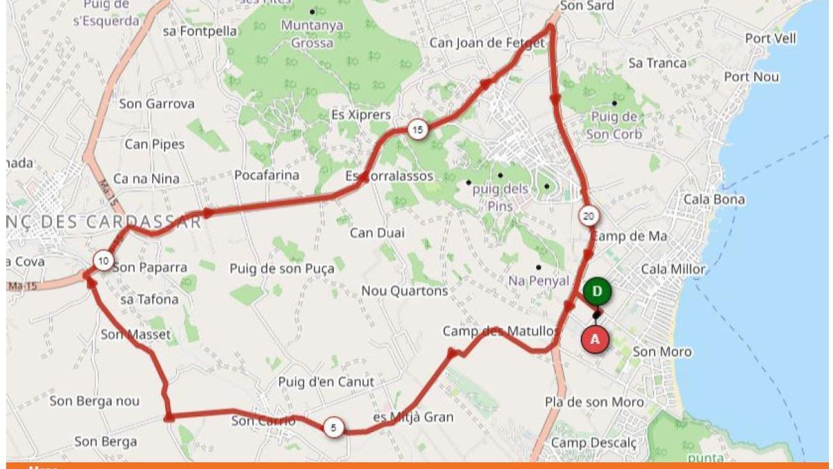 Mapa de la contrarreloj femenina, con salida y meta en Cala Millor