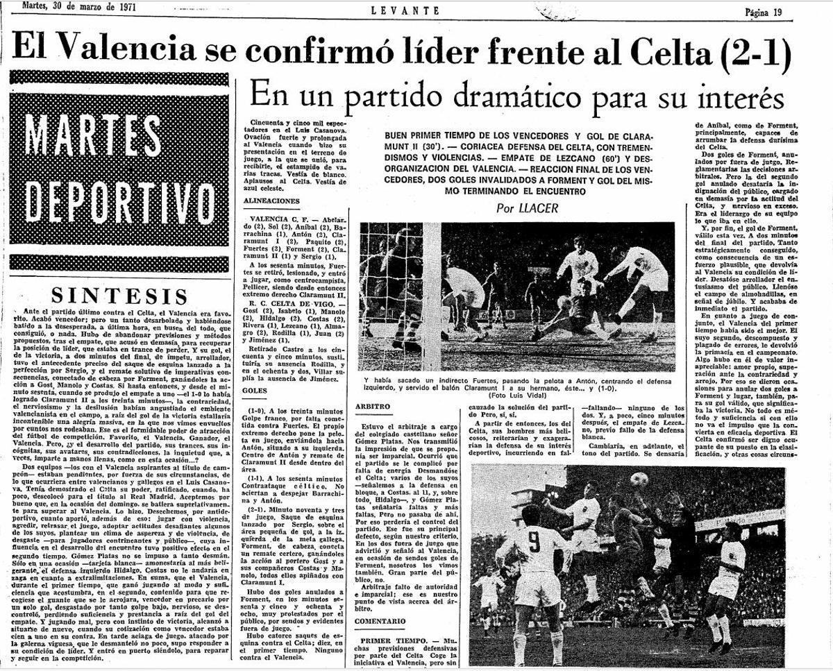 Crónica en el diario Levante del Valencia-Celta de 1971