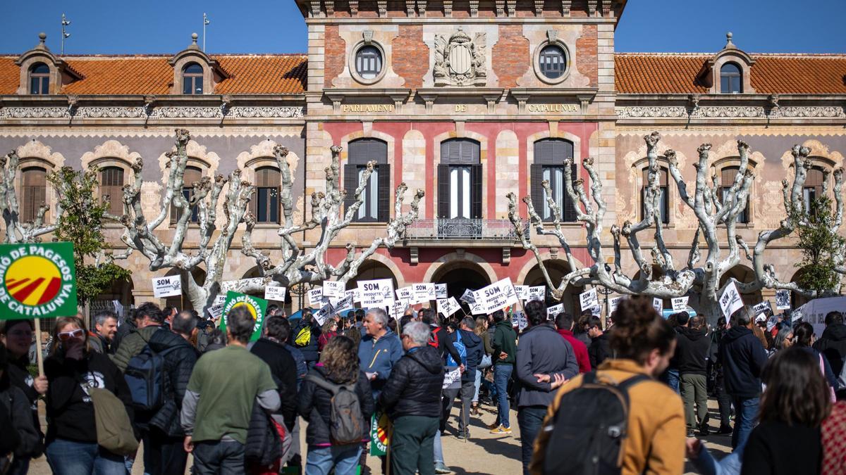 Decenas de agricultores se concentran con motivo del pleno monográfico sobre agricultura que debate hoy el Parlament.