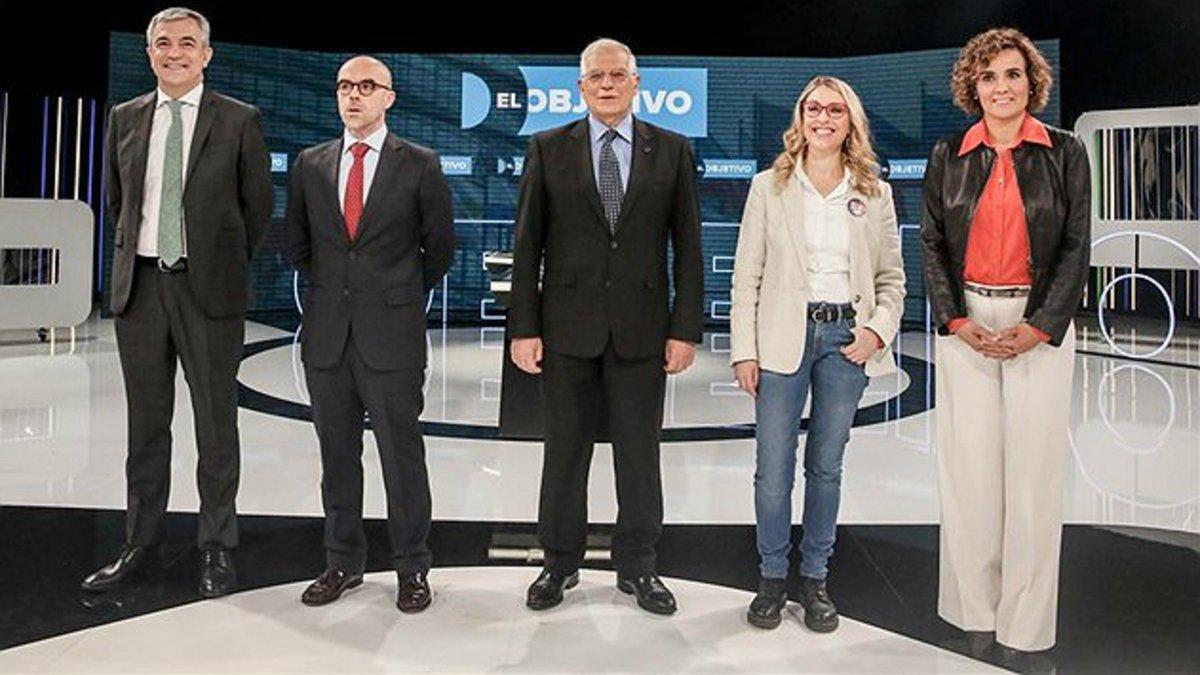 De izquierda a derecha, los candidatos a las elecciones europeas de Ciudadanos, Luis Garicano; de Vox, Jorge Buxadé; del PSOE, Josep Borell; de Podemos, María Eugenia Rodríguez; y del PP, Dolors Montserrat, en el debate de La Sexta del 12 de mayo del