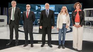 De izquierda a derecha, los candidatos a las elecciones europeas de Ciudadanos, Luis Garicano; de Vox, Jorge Buxadé; del PSOE, Josep Borell; de Podemos, María Eugenia Rodríguez; y del PP, Dolors Montserrat, en el debate de La Sexta de este domingo.