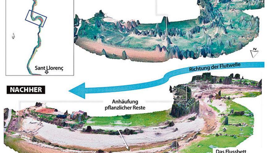 Spur der Zerstörung: Die Grafiken zeigen, mit welcher Gewalt die Flutwelle durch das Flussbett des Sturzbachs rollte.