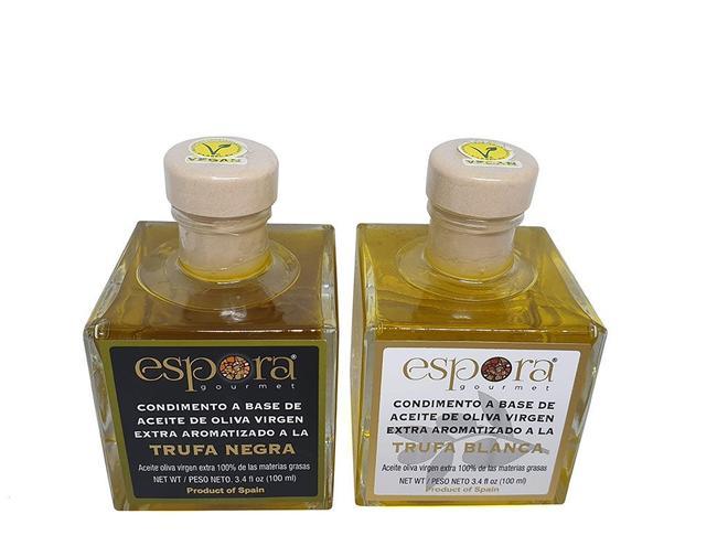 Aceite de Oliva Virgen Extra con aromas de trufa negra y trufa blanca de Espora. (Precio pack dos frascos 100 ml: 17 euros)