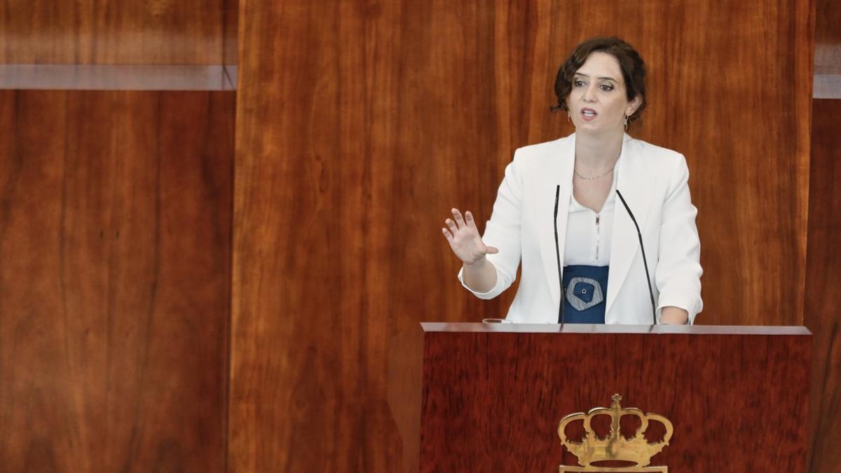 La presidenta de la Comunidad de Madrid, Isabel Díaz Ayuso, durante el debate del estado de la región, el pasado 15 de septiembre en la Asamblea autonómica.