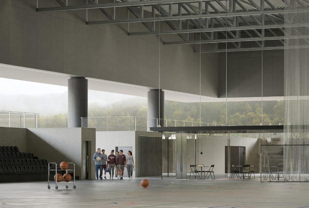 Recreación del interior en el que se observan la cafetería y la grada. área deportiva de Nigrán