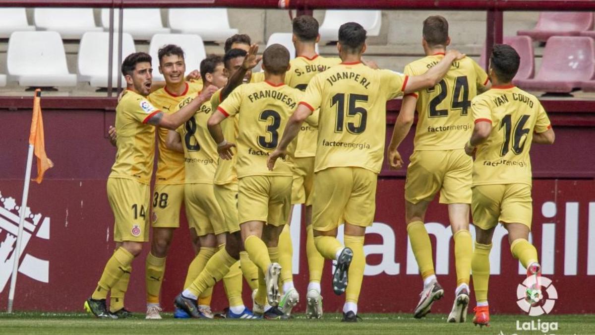 El Girona celebra uno de los goles ante el Logroñés