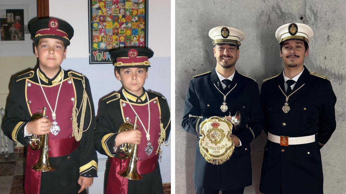 Daniel y Javier Zambrano en una foto de sus inicios en la banda del Resucitado de Badajoz y en la actualidad.