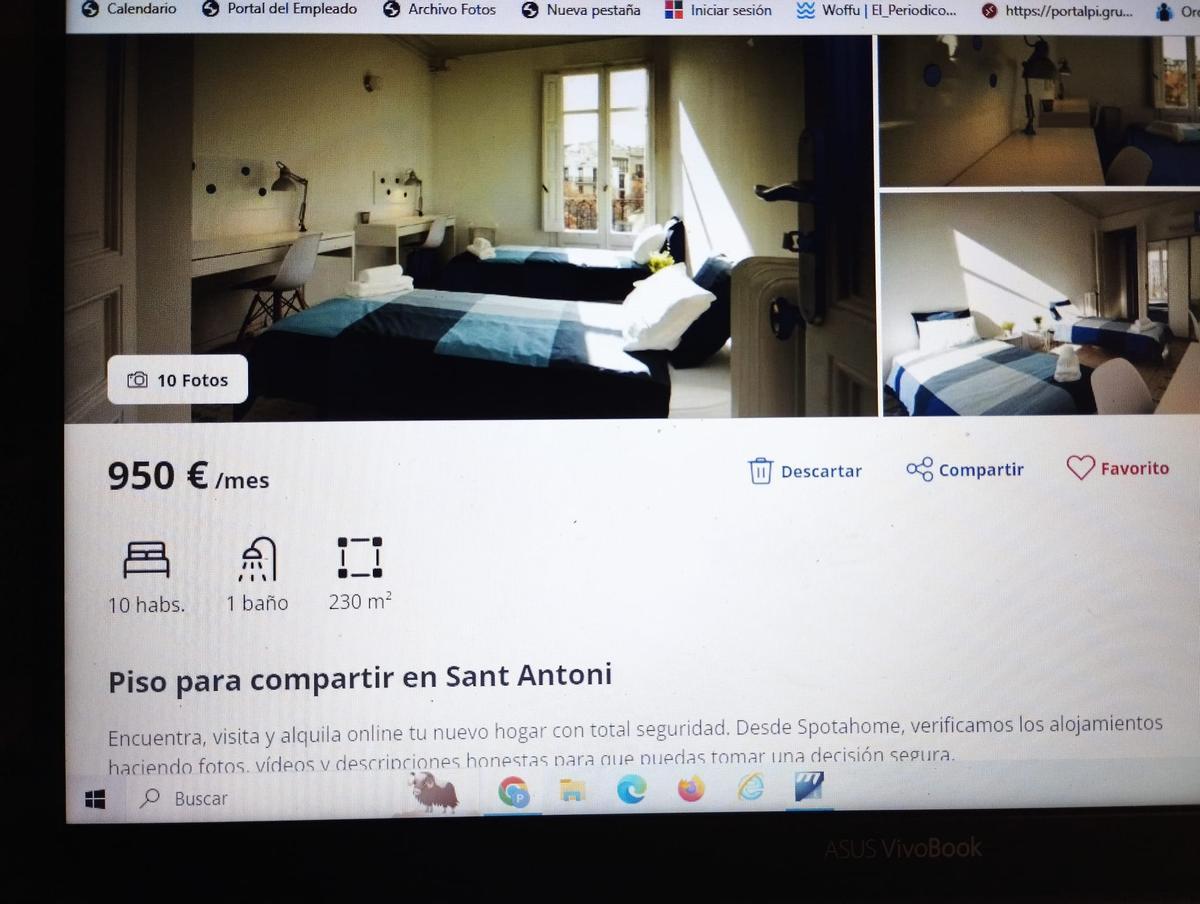 Anuncio en Fotocasa de un piso para compartir con 10 habitaciones, un baño y un aseo.