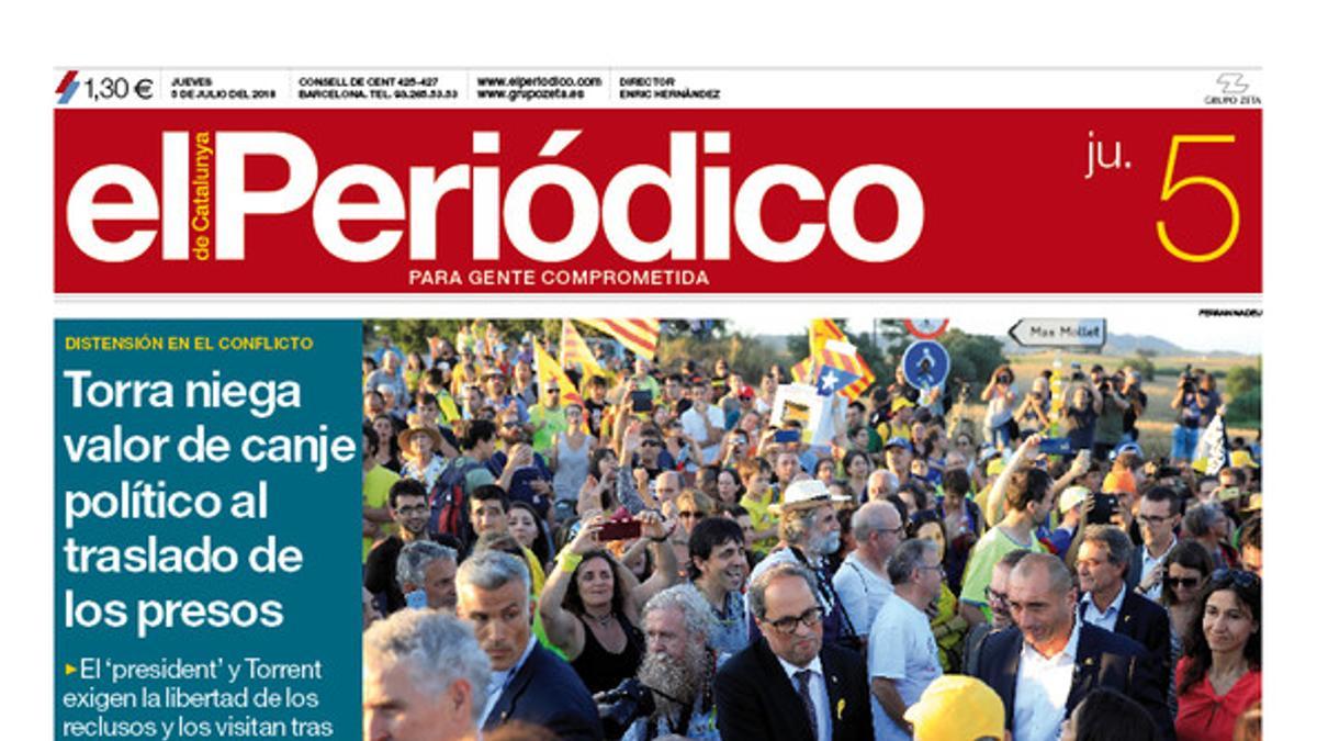 La portada de EL PERIÓDICO DE CATALUNYA del jueves, 5 de julio del 2018.