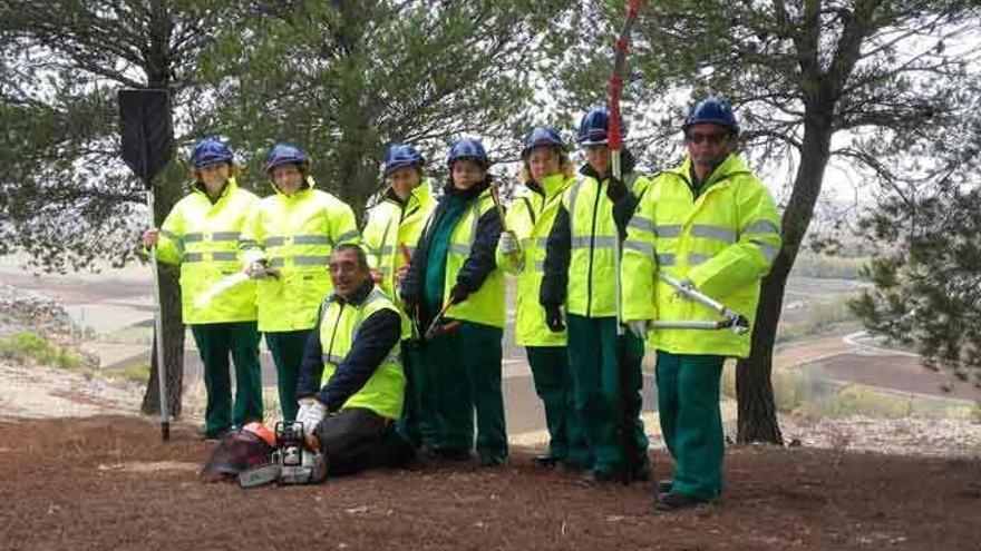 Los ocho alumnos del Programa Mixto de Formación y Empleo en el monte de la Peña, de Villabuena.