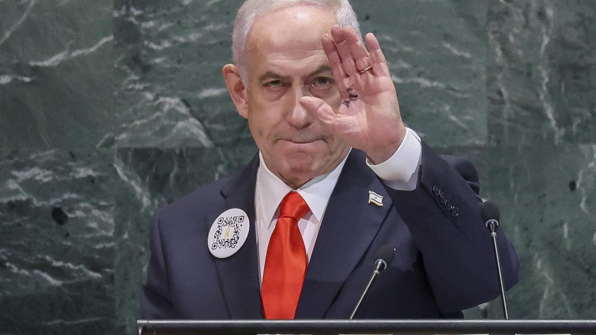 El primer ministro de Israel, Benjamin Netanyahu, habla durante la Asamblea General de Naciones Unidas, el 26 de septiembre de 2025, en Nueva York. EFE/SARAH YENESEL