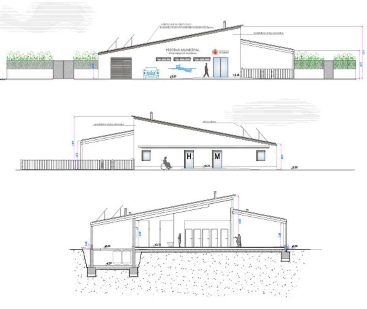 Alzados y sección de la zona de vestuarios y quiosco. | P. C. E.