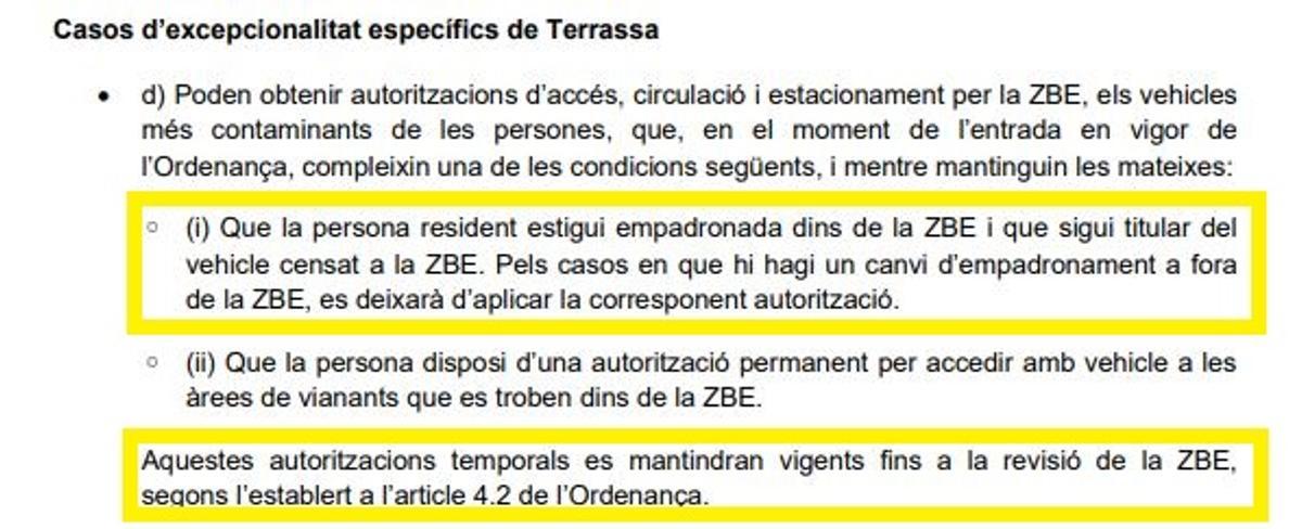 Extracto de la ordenanza municipal de ZBE de Terrassa.