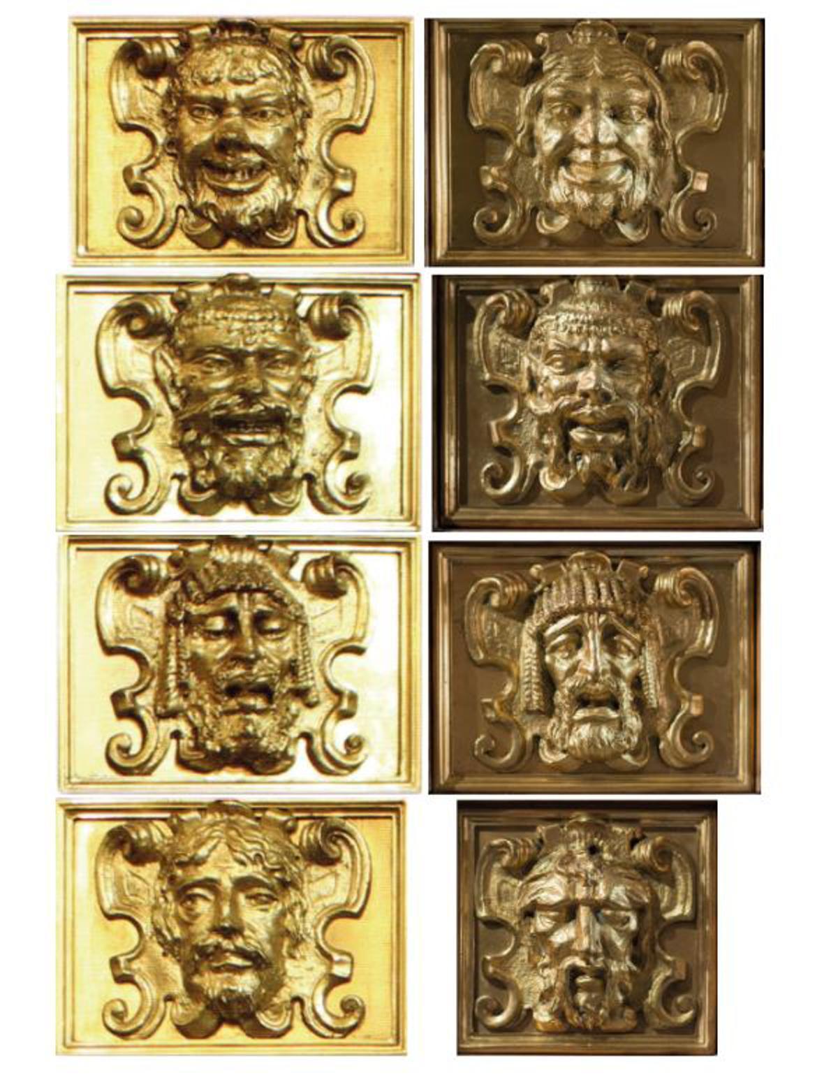 De arriba a abajo, los mascarones de la Expiración con los rostros de Herodes, Caifás, Pilatos y Jesús.