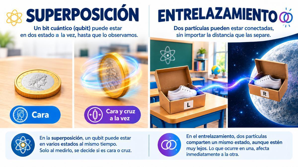 Esta infografía ilustra los dos pilares de la mecánica cuántica aplicados a la computación: estar en varios estados a la vez y compartir información mediante conexiones cuánticas.