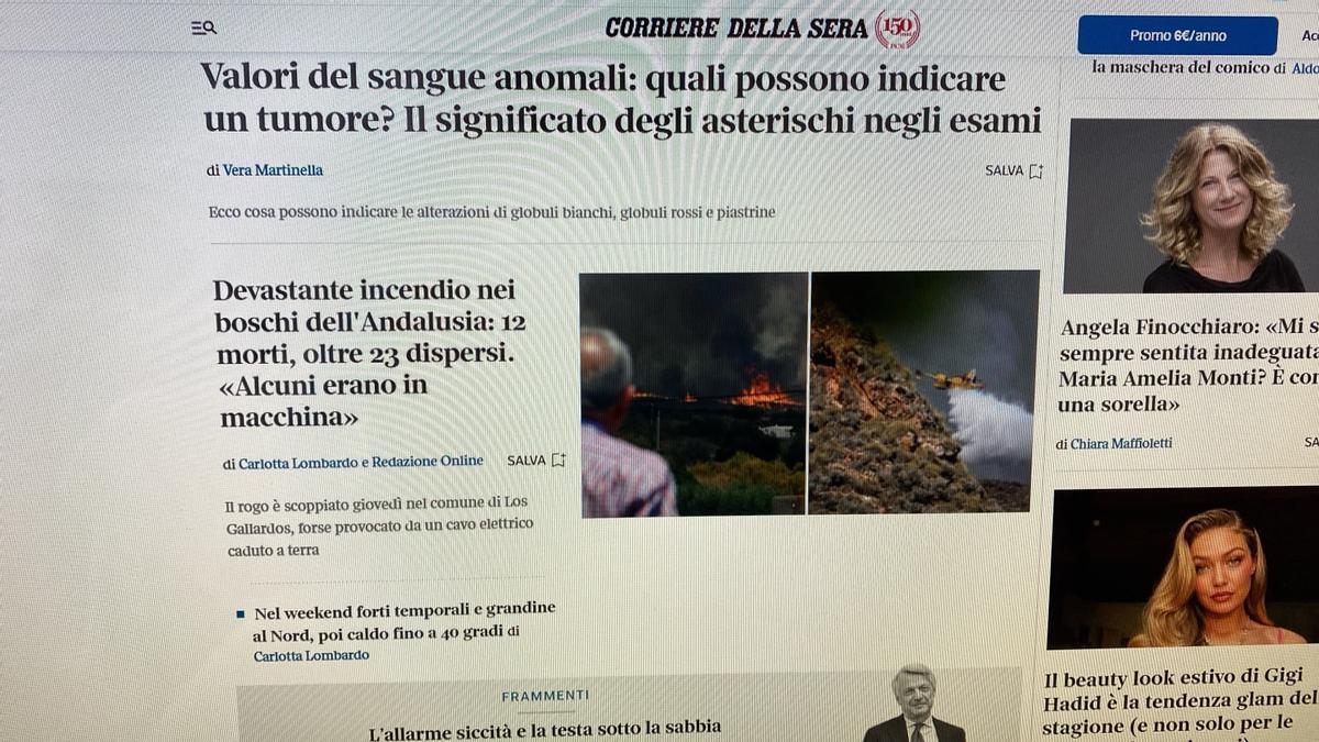 El incendio de Almería en el 'Corriere Della Sera'.