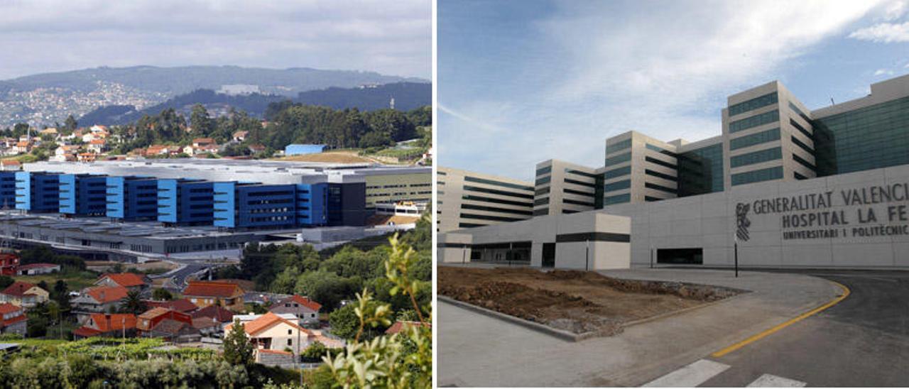 Centro Hospitalario Álvaro Cunqueiro, en Vigo y el Hospital Universitario La Fe en Valencia (de izq. a derecha).