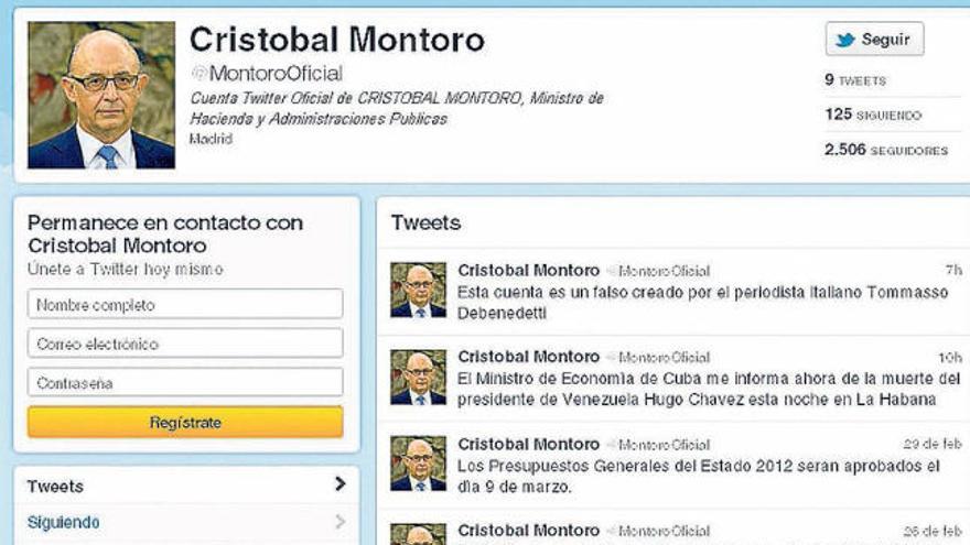 La falsa cuenta de Montoro en Twitter, ya con la rectificación sobre su autoría.