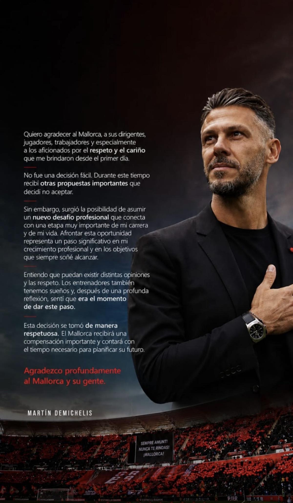La carta de Demichelis despidiéndose del Mallorca.