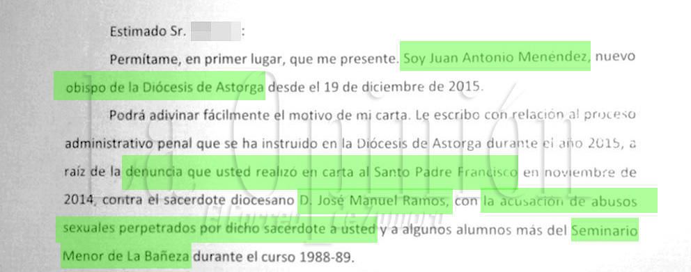 Carta del obispo asturiano de Astorga, Juan Antonio Menéndez, a la víctima de abusos sexuales.