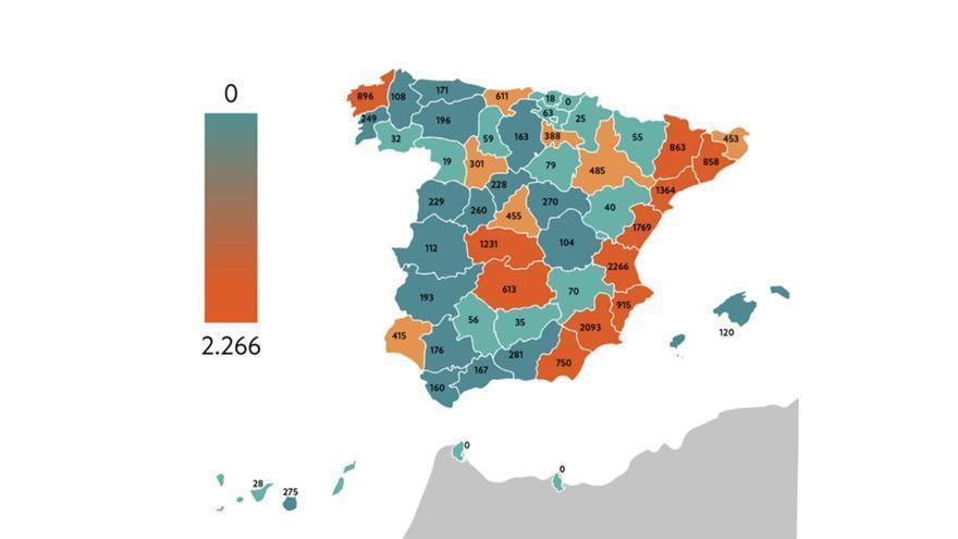 Mapa por provincias del número de viviendas que Sareb pondrá al servicio de las comunidades para adquirirlas.