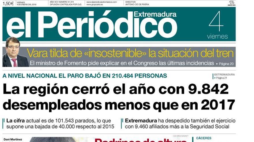 Esta es la portada de EL PERIÓDICO EXTREMADURA correspondiente al día 4 de enero del 2019