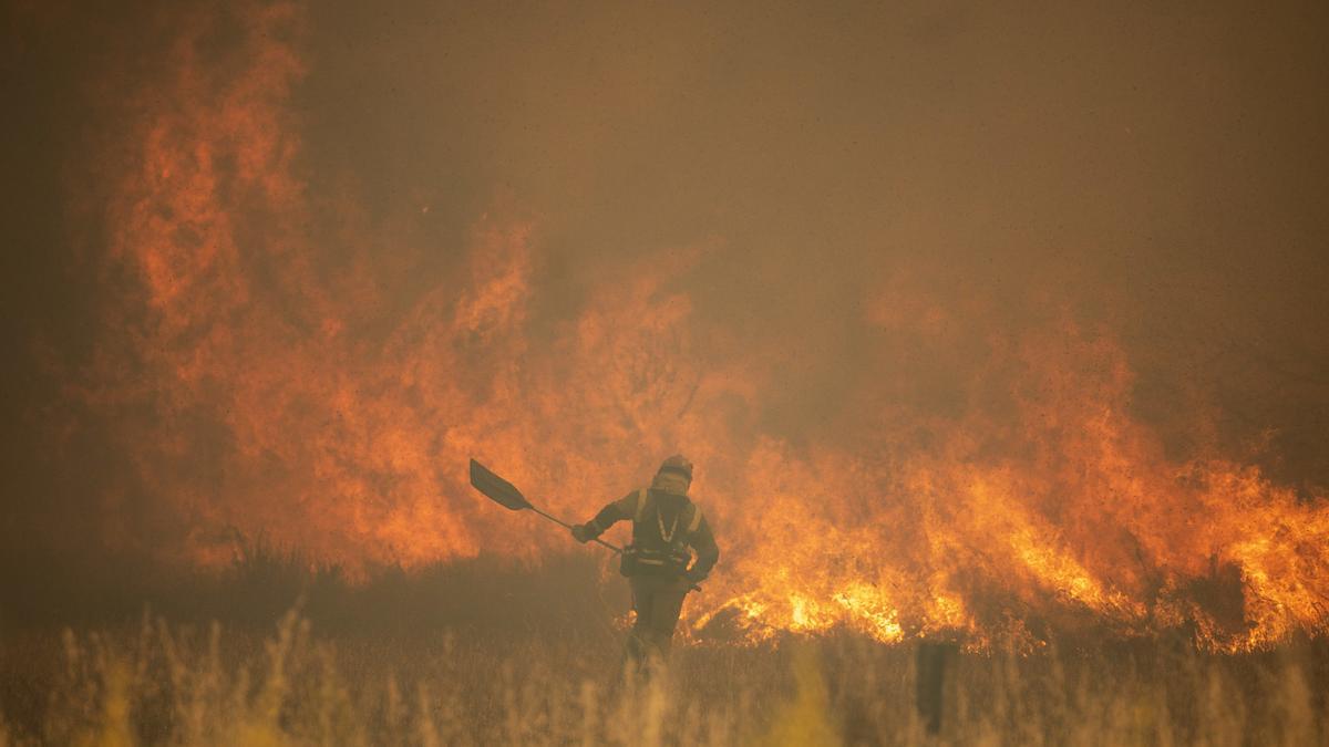 Un bombero trabajando en las labores de extinción en la Sierra de la Culebra, en Zamora.