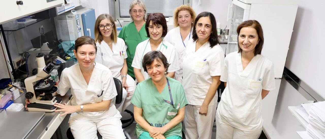 El equipo. La plantilla de personal sanitario de esta unidad lo conforman íntegramente mujeres, salvo celadores. En la imagen (desde la izquierda), están la embrióloga Raquel Requeijo, las enfermeras Charo Álvarez, Montse Bouzón y Cristina Sío, la ginecóloga Emilia Ocón, la administrativa Mariola Nieto, la ginecóloga Margot Vega y la técnica de laboratorio Dolores Pérez Pérez. Completan el equipo Digna Rodríguez y Marta Pombar en el laboratorio y la ginecóloga Laura Miguel. | MARTA G. BREA