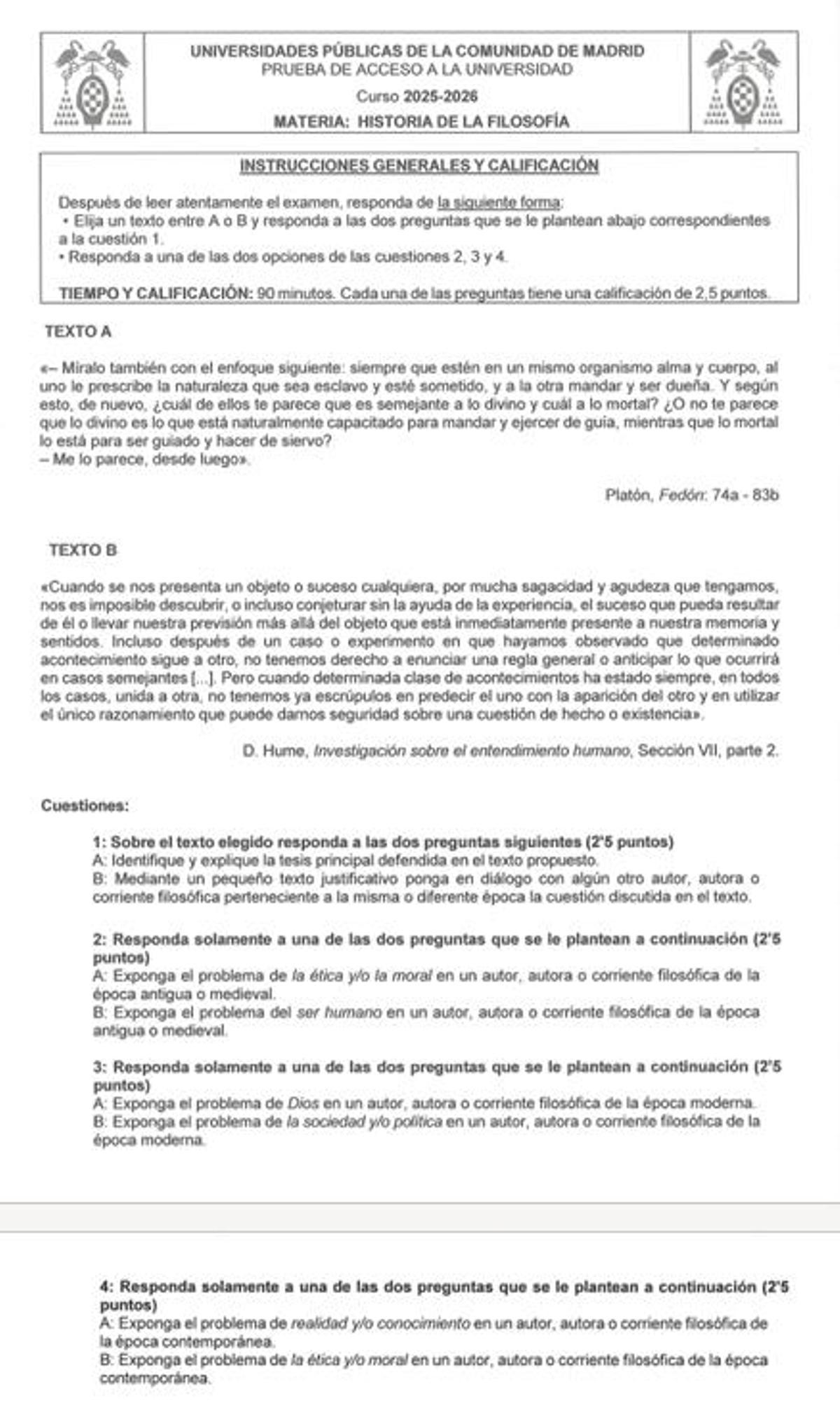 Examen de Historia de la Filosofía de la PAU 2026 en Madrid.
