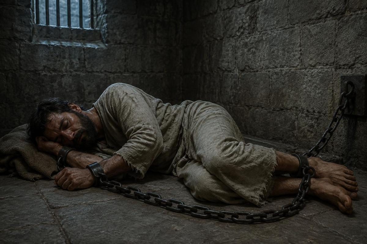 Un preso durmiendo con grilletes y cadenas.