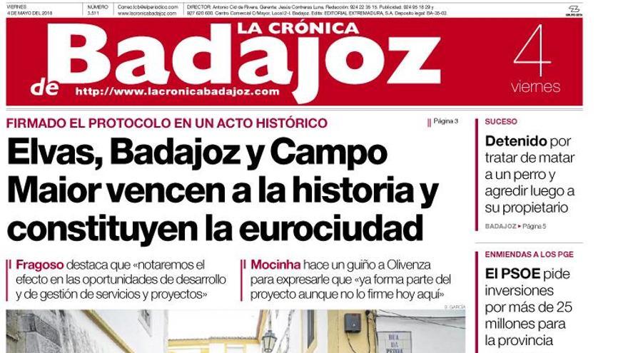 Esta es la portada de LA CRÓNICA DE BADAJOZ correspondiente al día 4 de mayo del 2018