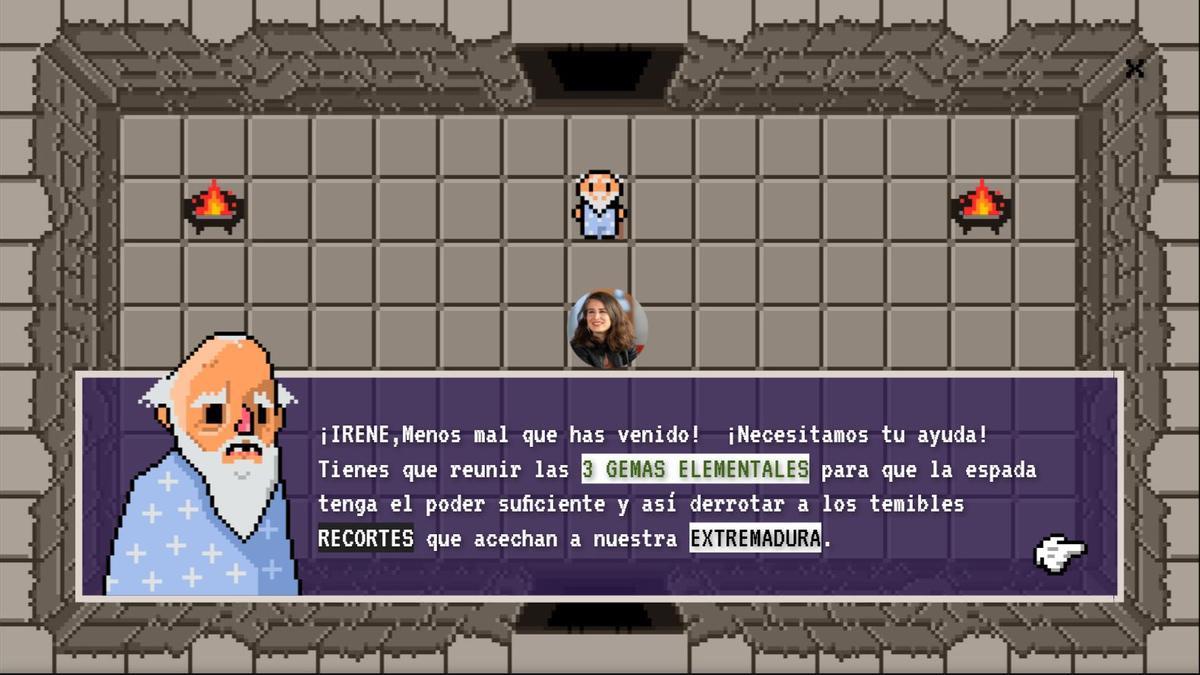 Imagen del videojuego de una militante que explica el programa electoral a través de la fantasía