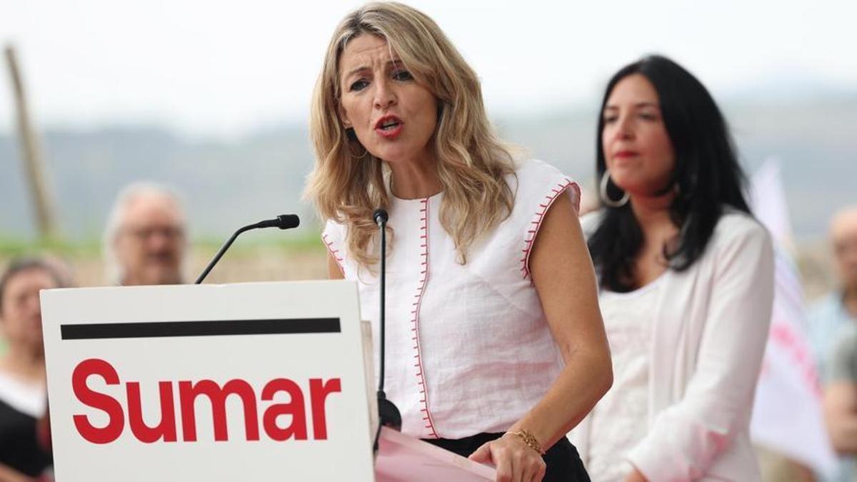 Yolanda Díaz participa en un acto de Sumar en Pamplona.