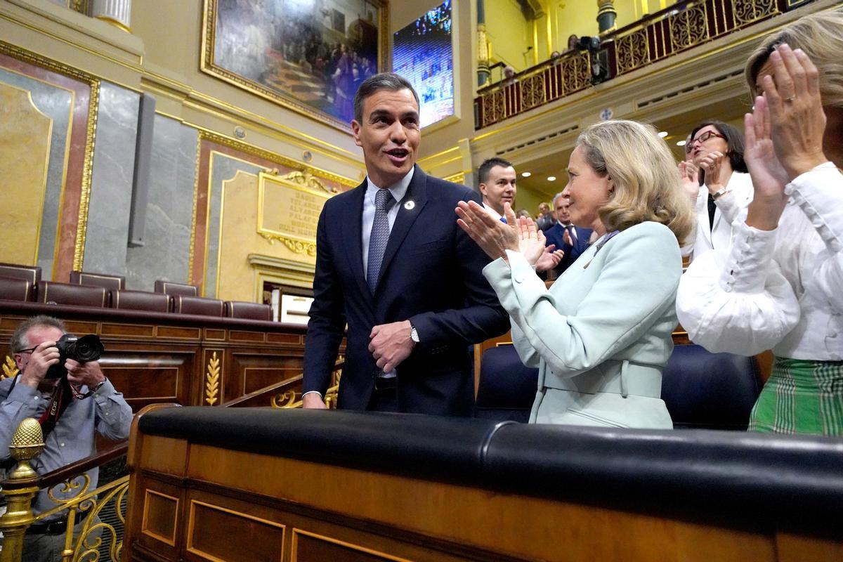 El presidente del Gobierno, Pedro Sánchez, durante su intervención en el debate sobre el estado de la nación, este martes en el Congreso