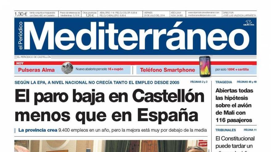 ‘El paro baja en Castellón menos que en España’, titular de portada de El Periódico Mediterráneo